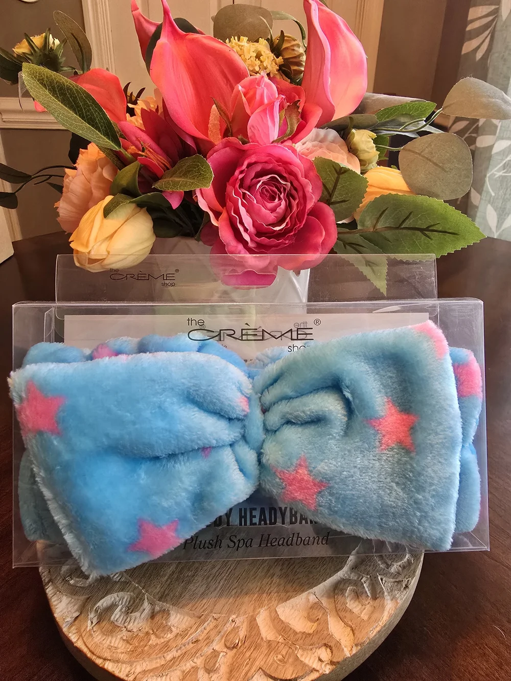 The Crème Shop Plush Spa Headband - Blue with Pink Stars
